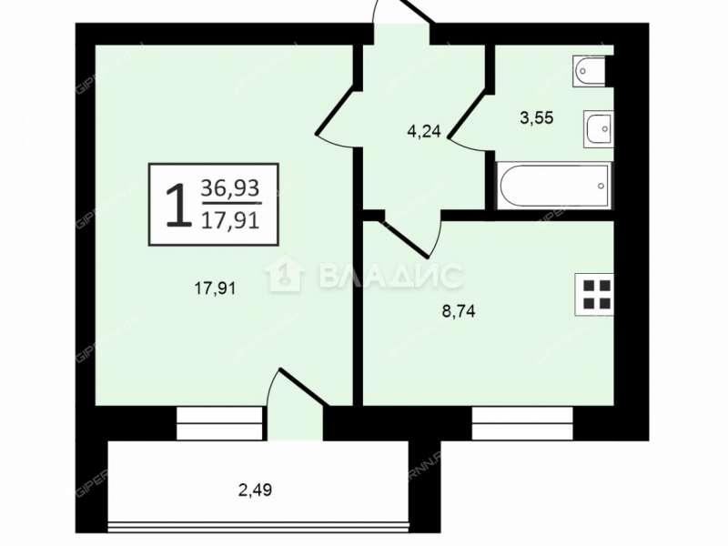 однокомнатная квартира на Космической улице дом 34 к2